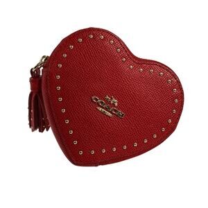 Coach True Red‎ Heart Coin Wallet 65491B Red Leather Gold Tone StudsTassel Zip